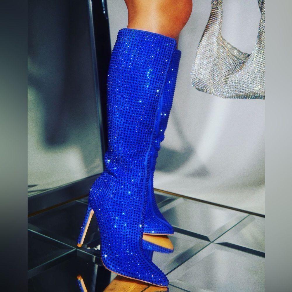 ROYAL BLUE BOOTS | ROYAL BLUE MID CALF RHINESTONE BOOTS